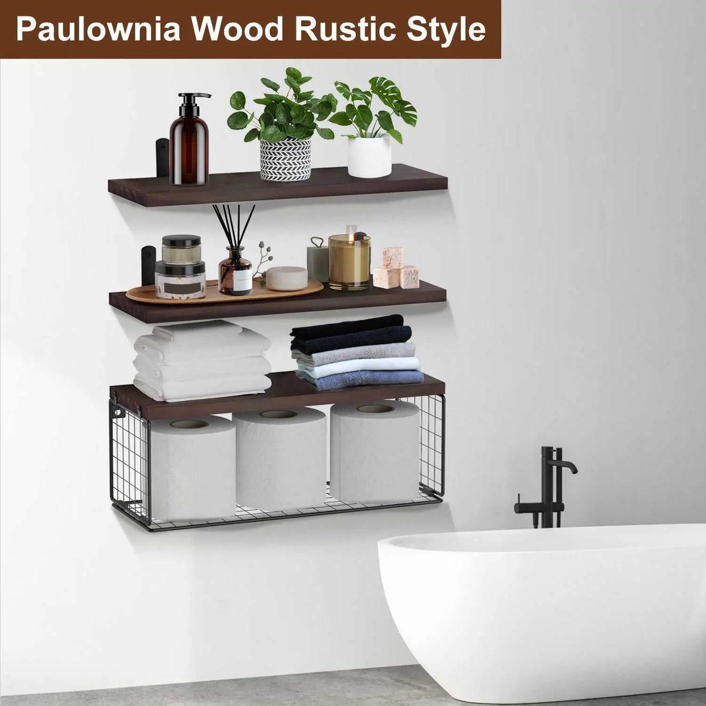 Rustic paulownia wood floating shelves with iron storage basket mounted on wall, holding towels, toilet paper, and bathroom decor.