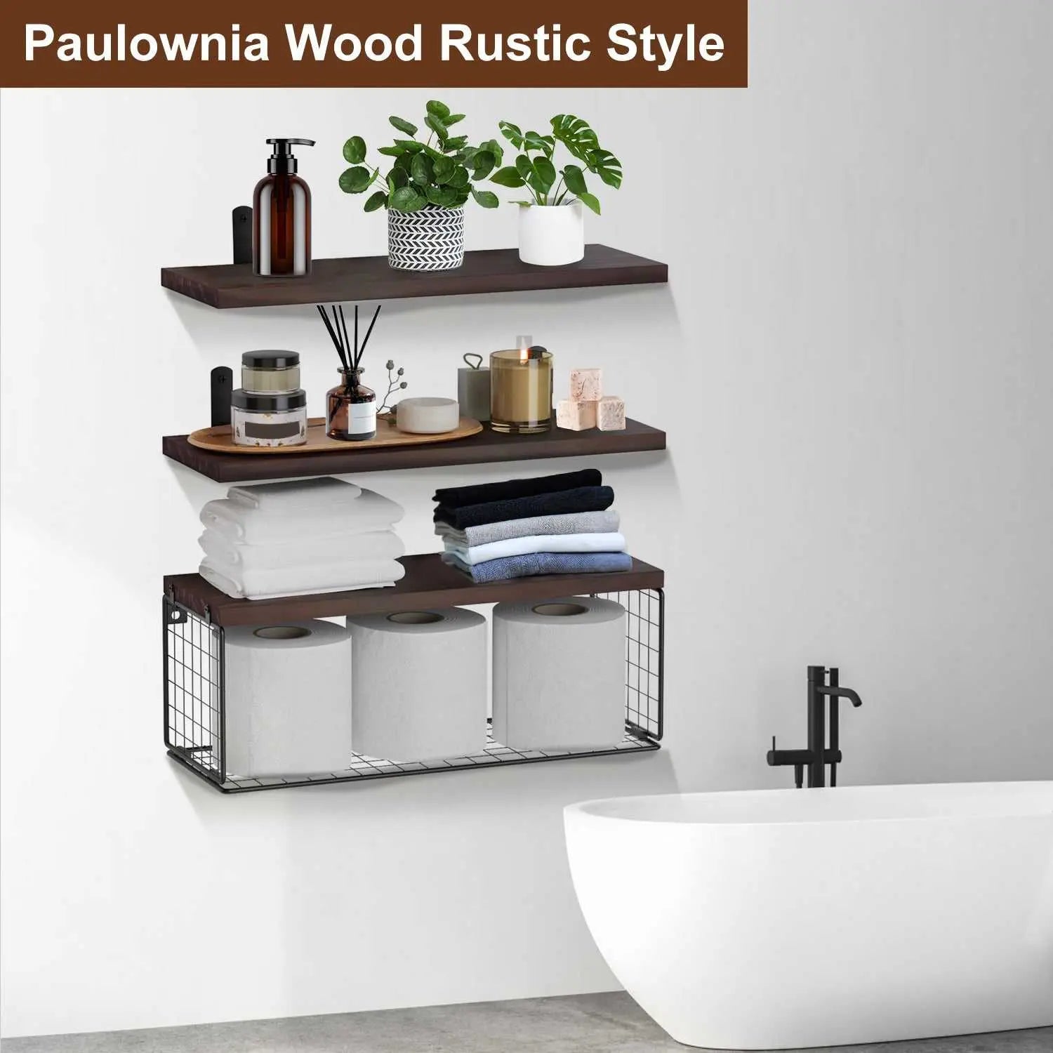 Rustic paulownia wood floating shelves with iron storage basket mounted on wall, holding towels, toilet paper, and bathroom decor.