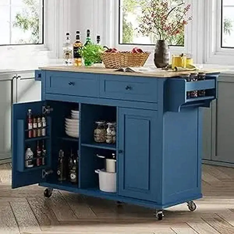 Blue kitchen island with storage drawers, cabinets, drop leaf countertop, and wheels for mobility in a bright kitchen setting