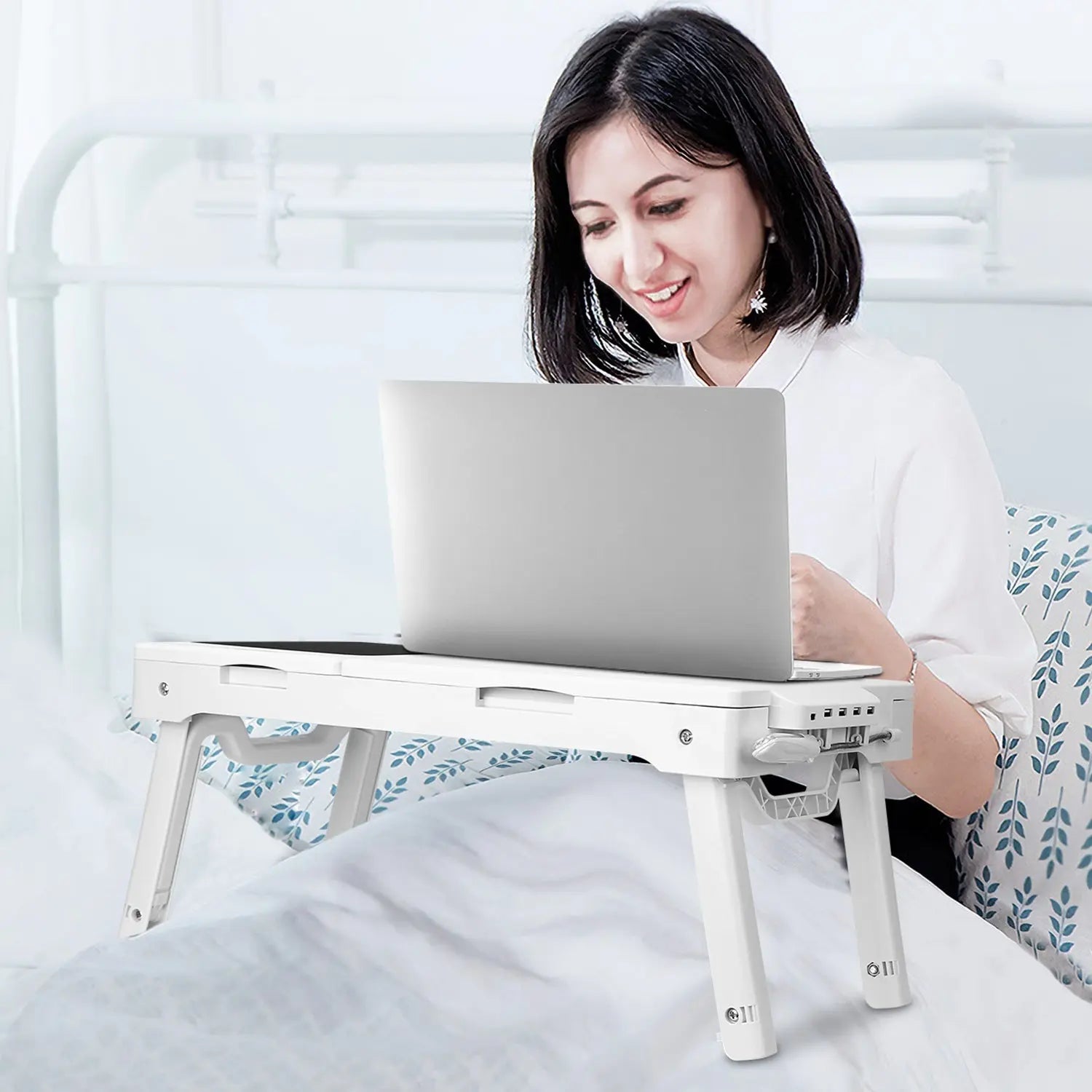 1Pc Foldable Laptop Table Bed Notebook Desk with Cooling Fan Mouse Board LED Light 4 USB Ports Breakfast Snacking Tray with Storage Groove for Home Office Use