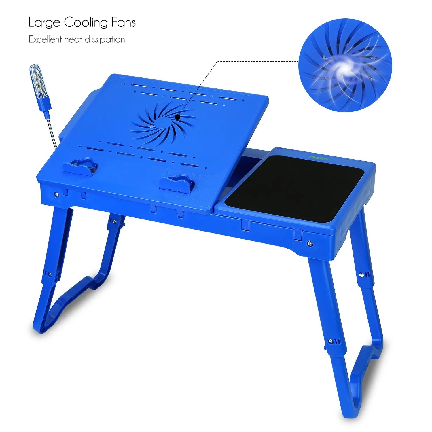 1Pc Foldable Laptop Table Bed Notebook Desk with Cooling Fan Mouse Board LED Light 4 USB Ports Breakfast Snacking Tray with Storage Groove for Home Office Use