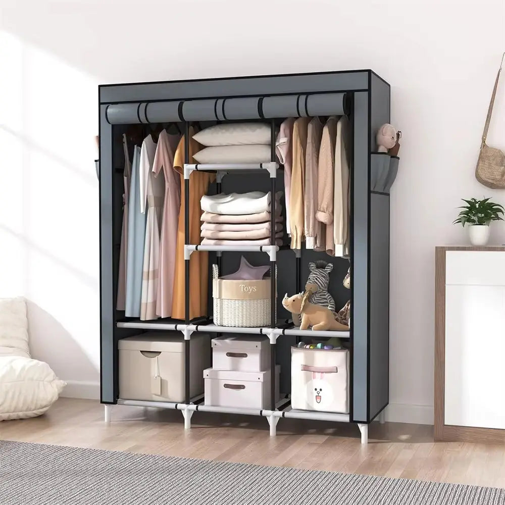 Portable Closet Large Wardrobe Closet Clothes Organizer with 6 Storage Shelves, 2 Hanging Sections 4 Side Pockets