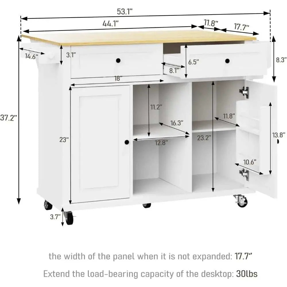 White kitchen island with storage, wood countertop, two drawers, cabinets, adjustable shelves, drop leaf, and wheels for mobility