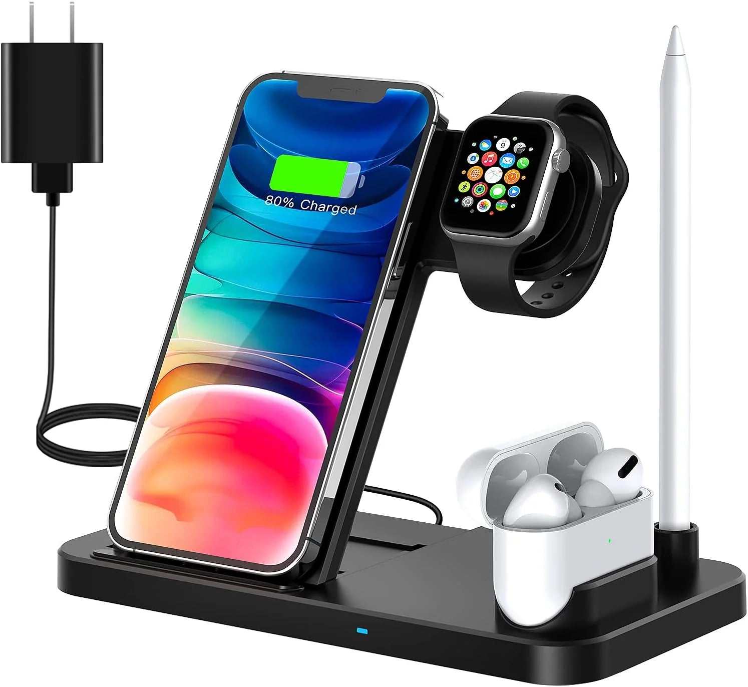 4 in 1 Wireless Charger charging phone, smartwatch, earbuds, and stylus on sleek black stand