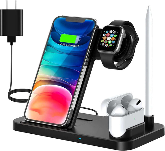 4 in 1 Wireless Charger charging phone, smartwatch, earbuds, and stylus on sleek black stand