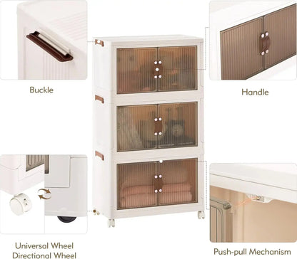3-Tier Foldable Storage Box with Wheels, Stackable Collapsible Storage Box Portable Organizer Versatile Closet for Home/Office
