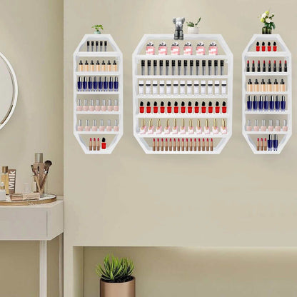 Multi-tiers white wall-mounted nail polish storage racks with geometric design holding various nail polish bottles in modern home setting