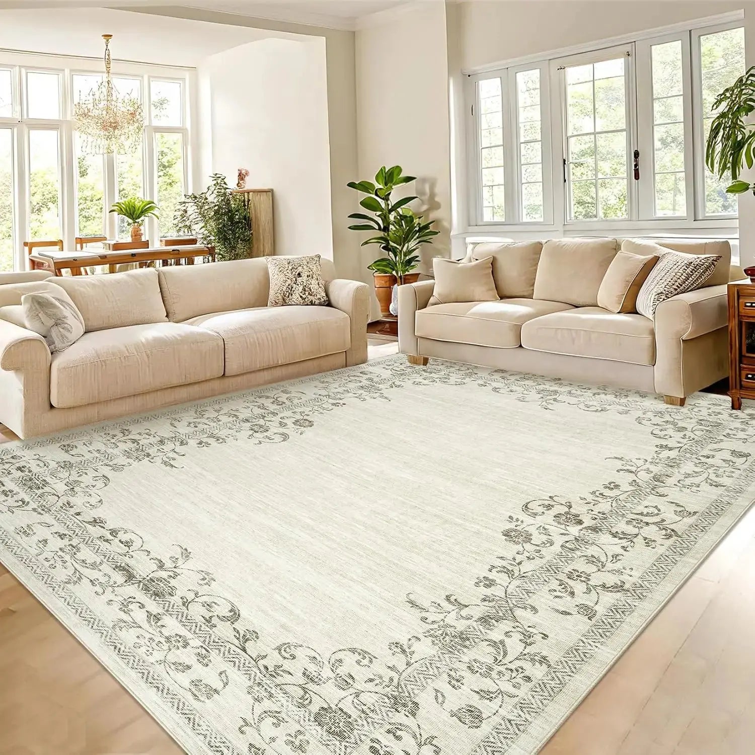 Washable Area Rug for Bedroom Farmhouse Rugs for Living Room Indoor Floral Bordered Large Rug Soft Carpet for Dining Room Office