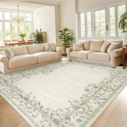 Washable Area Rug for Bedroom Farmhouse Rugs for Living Room Indoor Floral Bordered Large Rug Soft Carpet for Dining Room Office