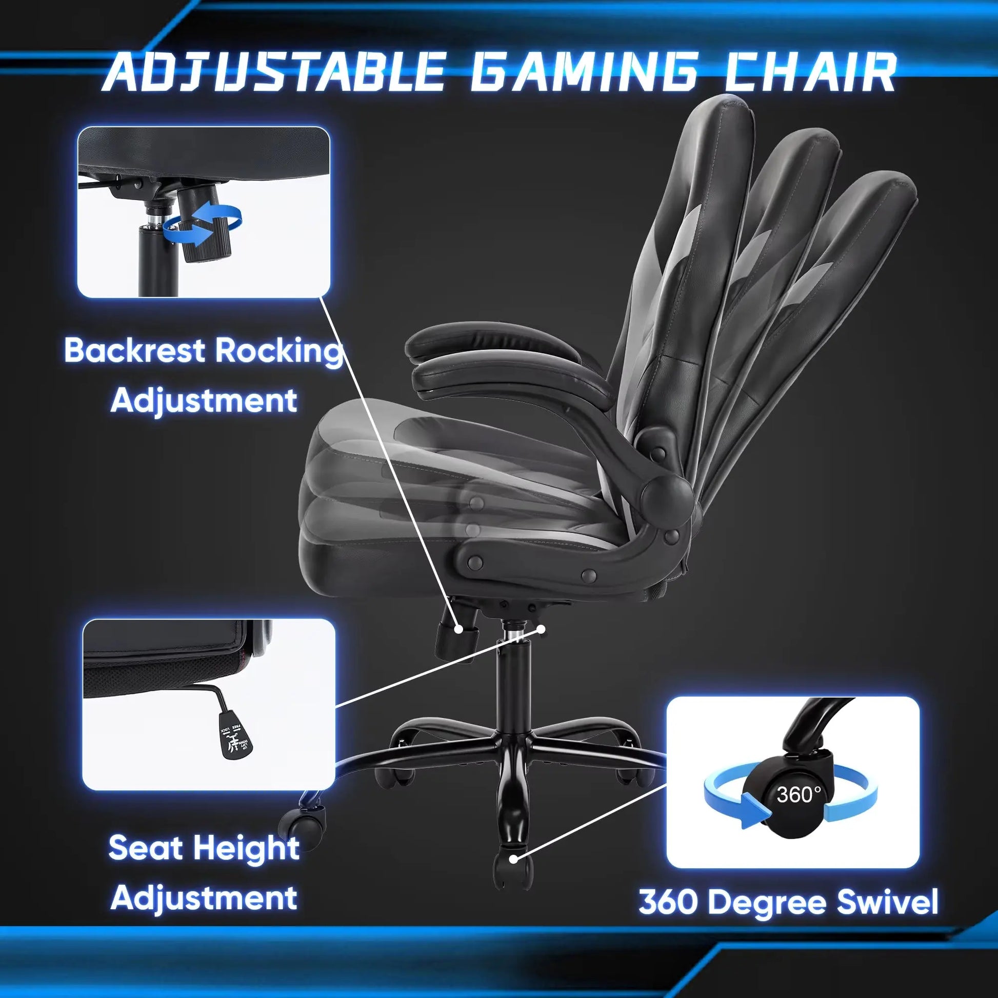 Ergonomic Office Computer Home Gaming Desk Chair Adjustable PU Leather Racing Chair Flip-Up Armrest for Christmas Furniture
