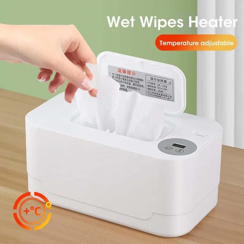 Portable white baby wipe warmer with LED display and temperature control, USB rechargeable heater for home and car use