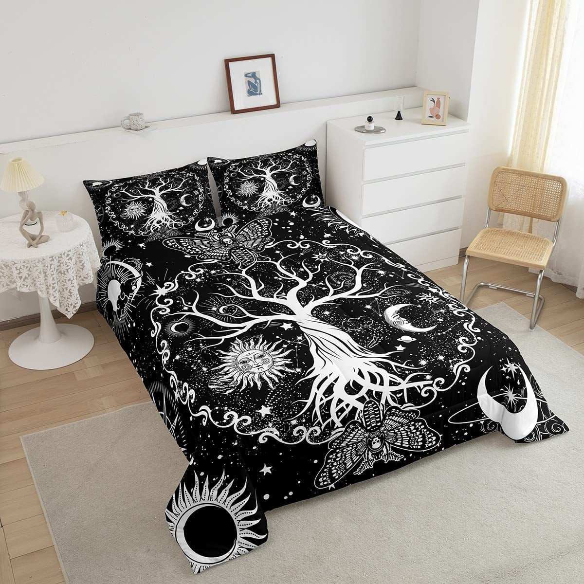 Sun and Moon Comforter Set Full, Tree of Life Bedding Sets 3Pcs Gothic Moth Duvet Sets Sugar Skull Quilt Trippy Glitter Stars Duvet Insert, Bohemian Constellations Bedroom Decor All-Season