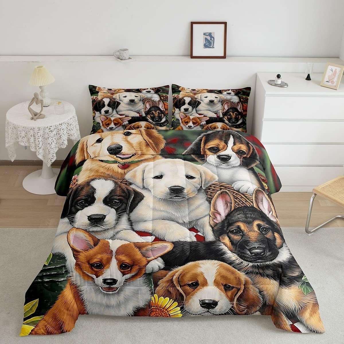 Dog bedding set with colorful puppy designs on comforter and matching pillowcases in a modern bedroom setting