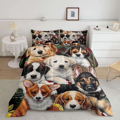 Dog bedding set with colorful puppy designs on comforter and matching pillowcases in a modern bedroom setting