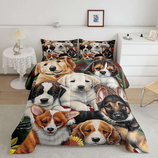 Dog bedding set with colorful puppy designs on comforter and matching pillowcases in a modern bedroom setting