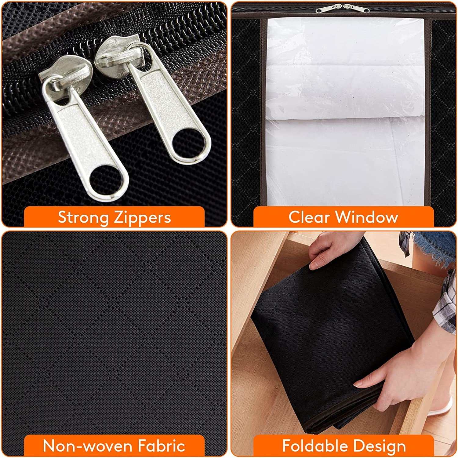 90L Large Storage Bags, 6 Pack Closet Organizers and Storage, Clothes Foldable Storage Black