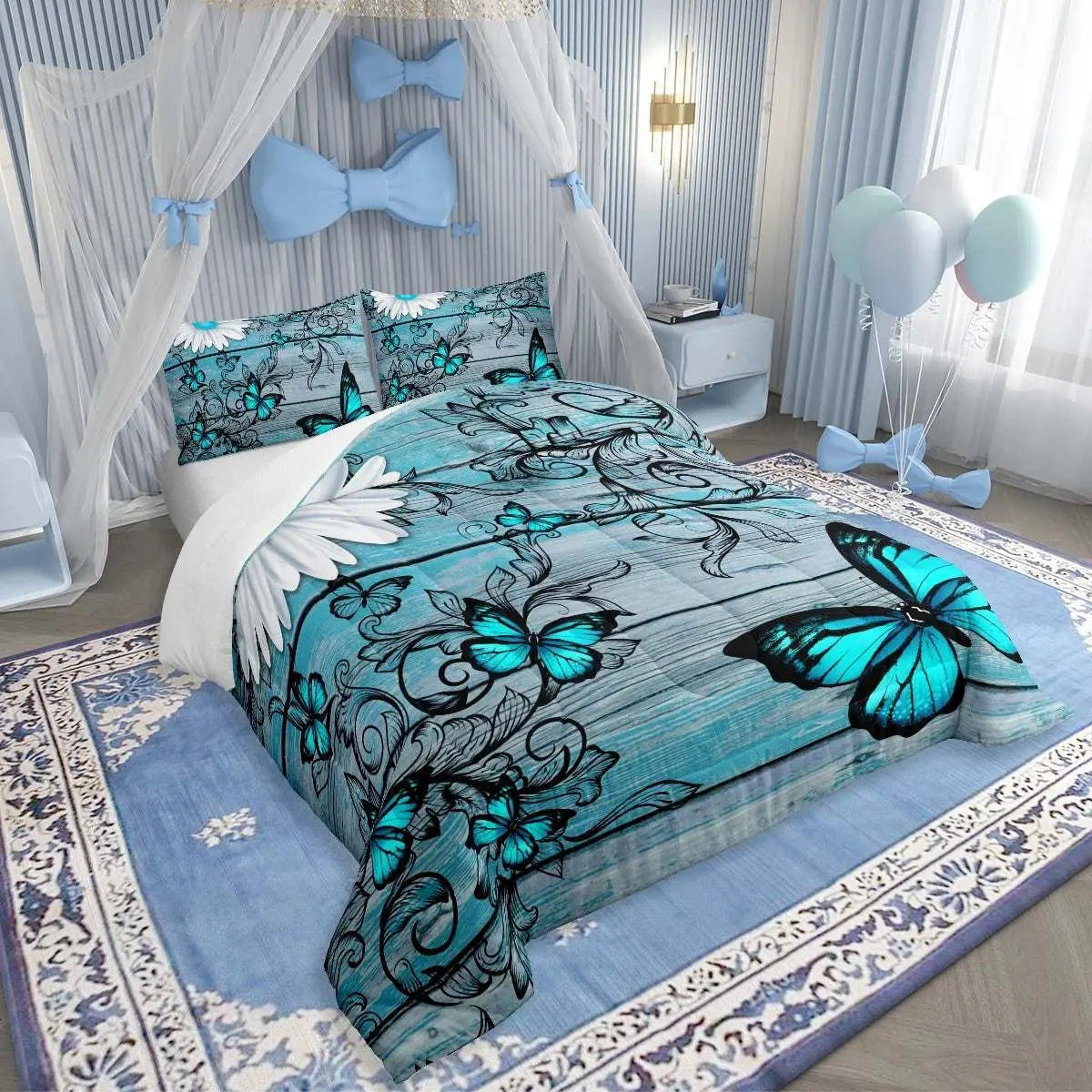 Butterfly Bedding Sets Teens Women Bedroom Rustic Flower Comforter Set,Blue Butterflies White Chic Floral Duvet Set Retro Vintage Romantic Style Quilt Set Queen Size Soft Lightweight