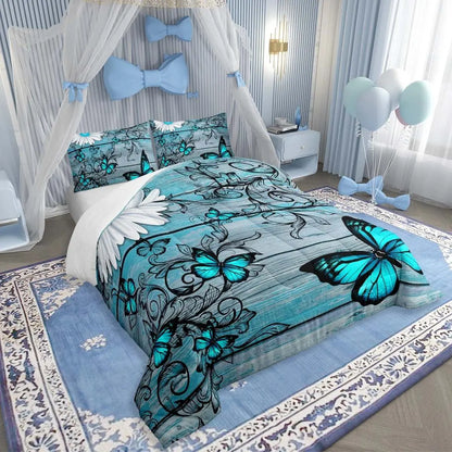 Butterfly Bedding Sets Teens Women Bedroom Rustic Flower Comforter Set,Blue Butterflies White Chic Floral Duvet Set Retro Vintage Romantic Style Quilt Set Queen Size Soft Lightweight