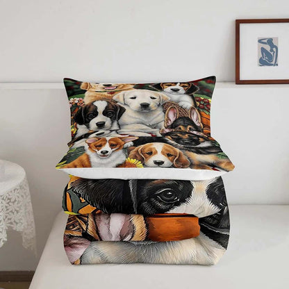 Dog Bedding Set Kawaii Room Decor Comforter Set Cute Pet Puppy Quilt Set Lovely Kawaii Pug German Shepherd Bedding Bedroom Collection 3Pcs Full Size, with 2 Pillowcases