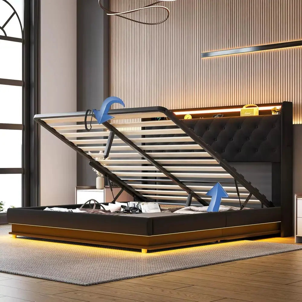 Lift up Storage Bed Frame Queen Size with Charging Station & Led Lights,Upholstered Platform Bed with Wingback Storage Headboard