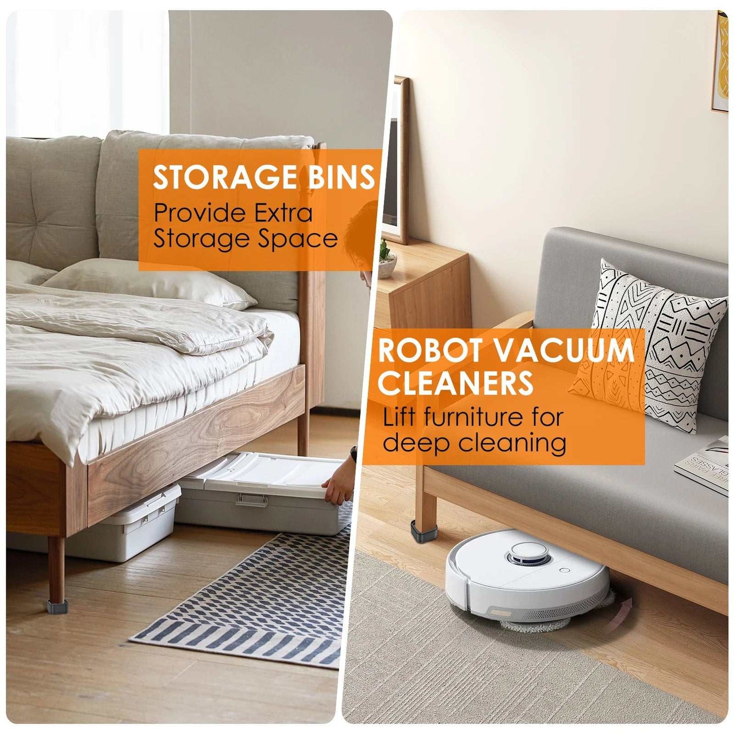 Furniture risers lifting bed and sofa legs for extra storage space and robot vacuum cleaning access