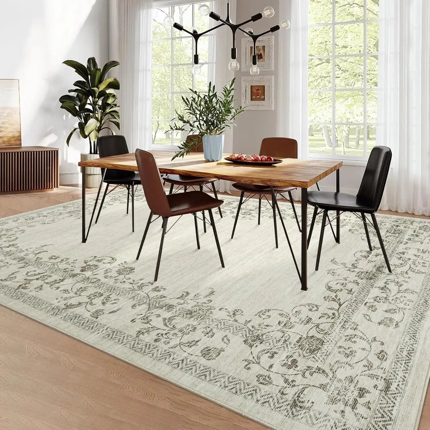 Washable Area Rug for Bedroom Farmhouse Rugs for Living Room Indoor Floral Bordered Large Rug Soft Carpet for Dining Room Office