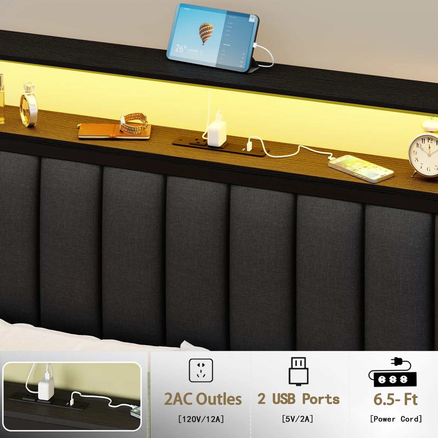 FullQueen Size Bed Frame with black oak upholstered backrest, built-in 2 AC outlets and 2 USB ports, LED lighting, and convenient storage space with charging station.