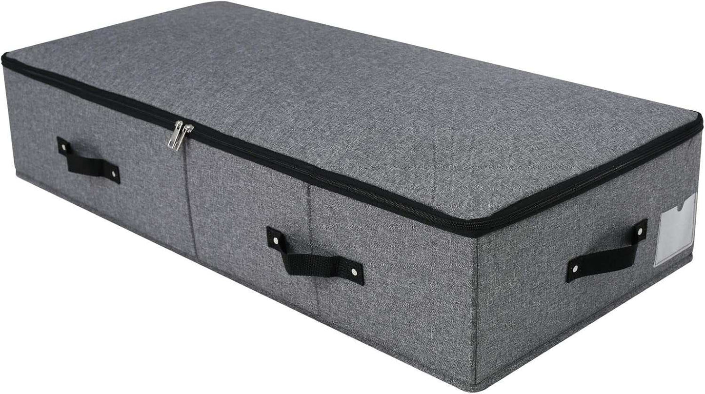 Foldable fabric sturdy under bed storage box with reinforced handles and zipper in gray.