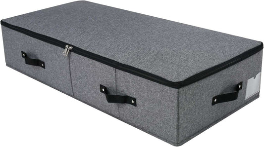 Foldable fabric sturdy under bed storage box with reinforced handles and zipper in gray.