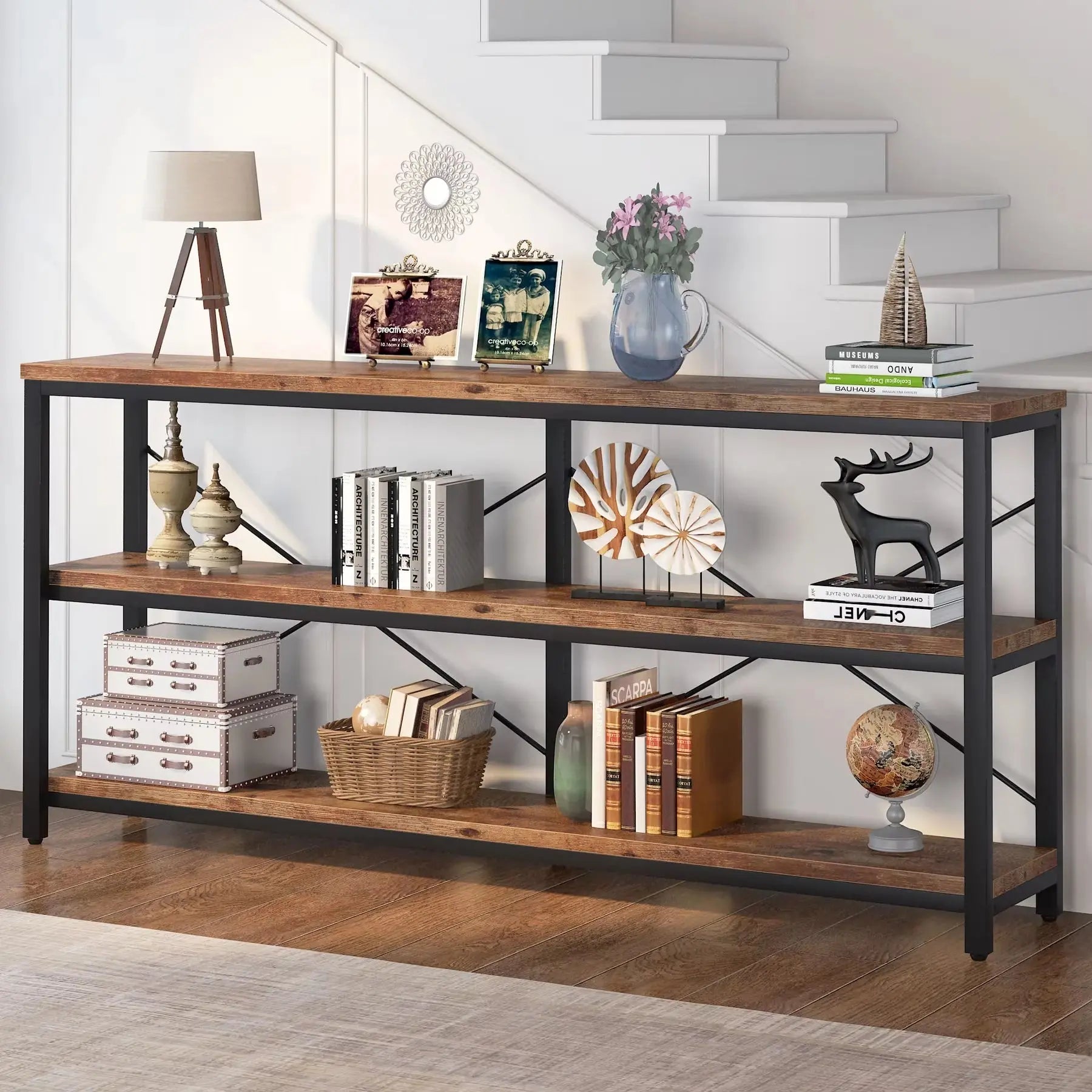 3-Tier Console Table, 70.9" Sofa Table Long Narrow Entryway with Metal Frame