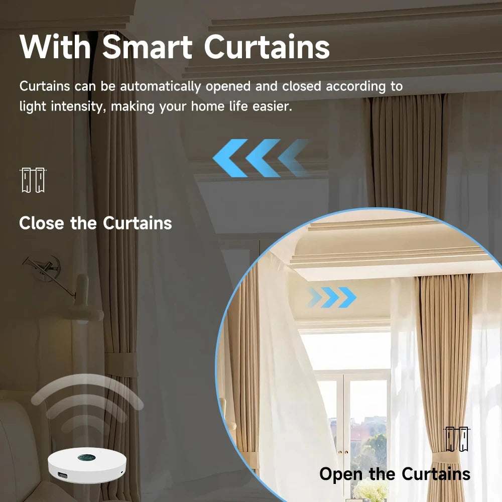 Tuya Wifi Light Sensor controlling smart curtains that open and close based on light intensity for home automation.