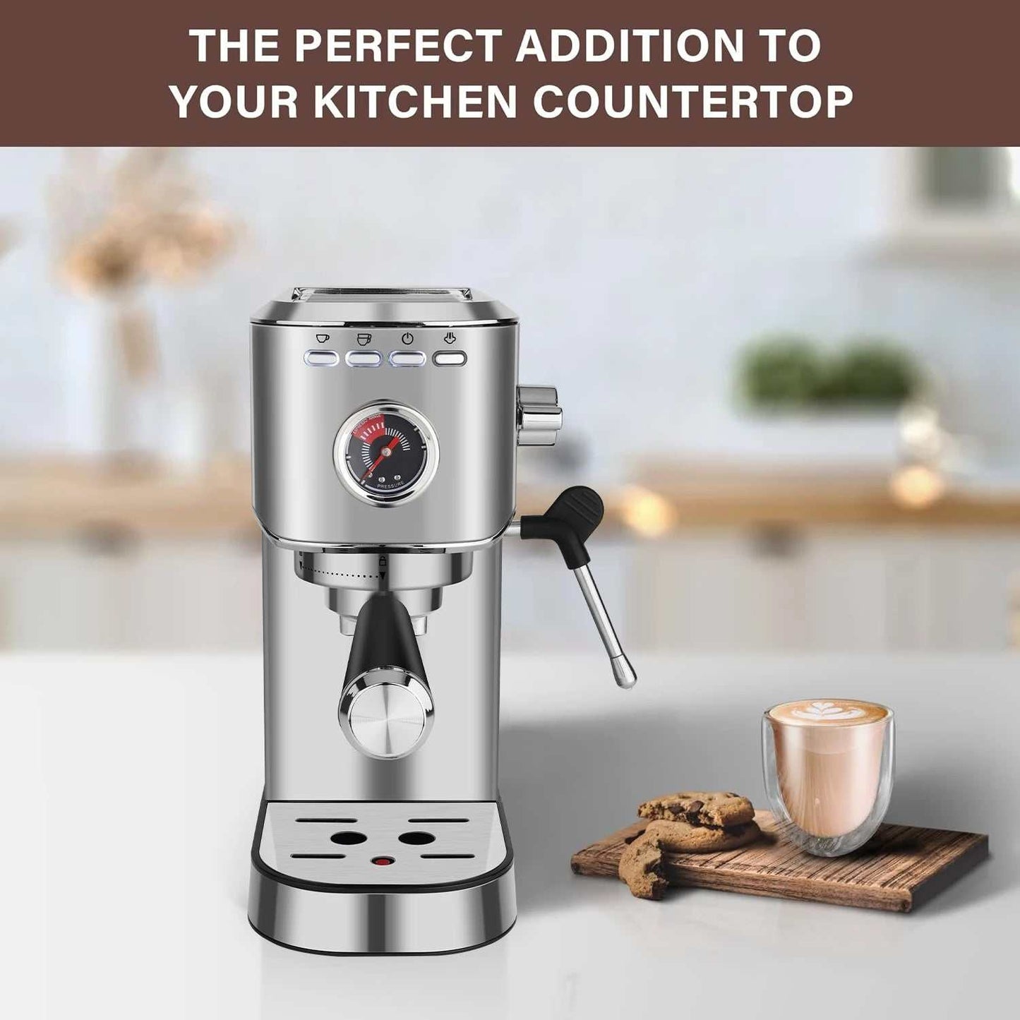 DOYOMI 20 Bar Espresso Machine with milk frother and stainless steel design on kitchen countertop next to coffee cup and cookies