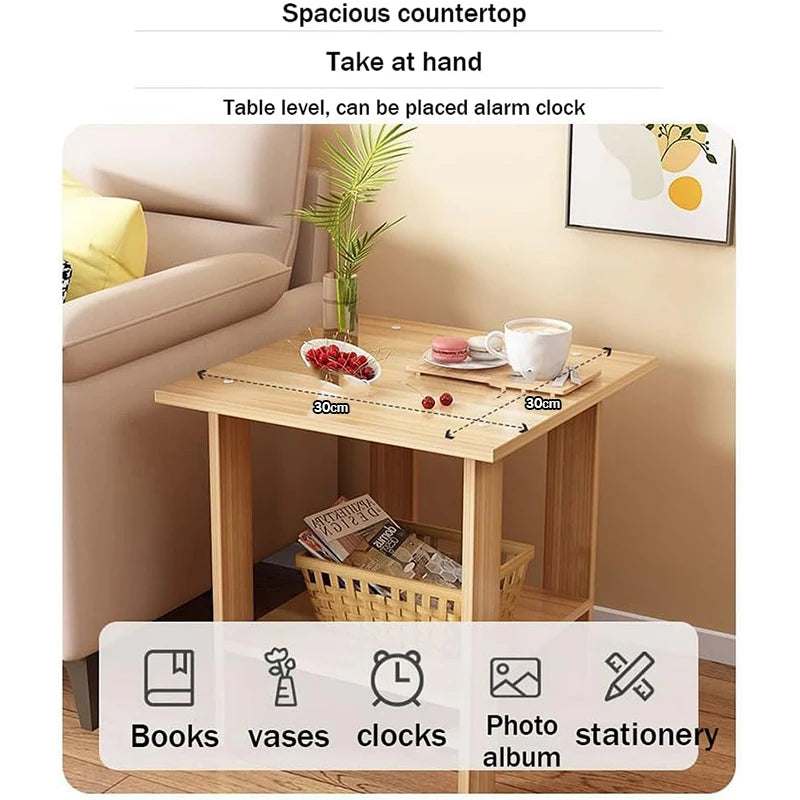 Simple bedside table solid wood nightstand with double-layer storage for books and décor next to sofa