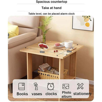 Simple bedside table solid wood nightstand with double-layer storage for books and décor next to sofa