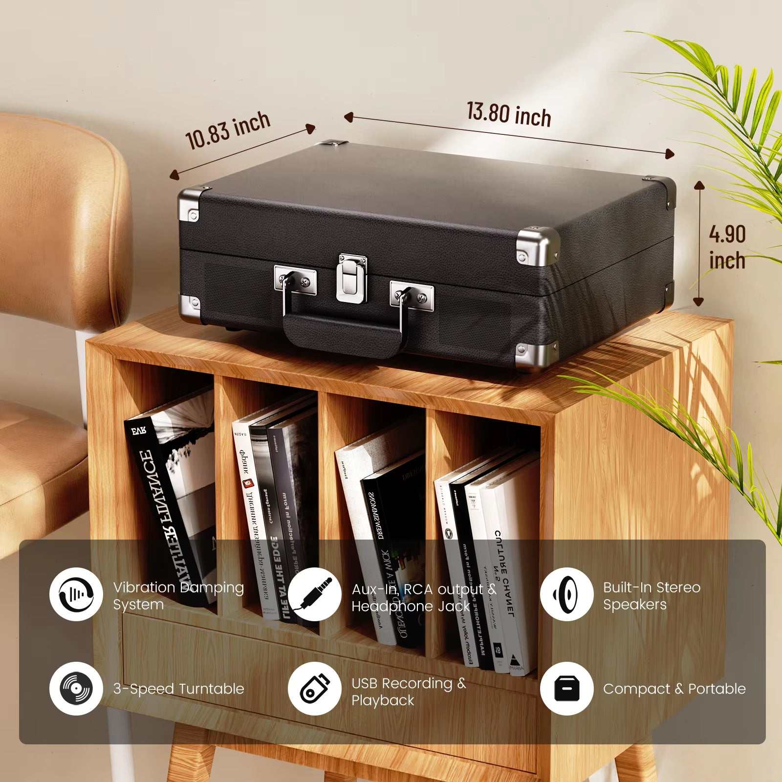 Vintage Gramophone Turntable in black suitcase design with 3-speed record player, built-in stereo speakers, USB recording, and multiple audio connections.
