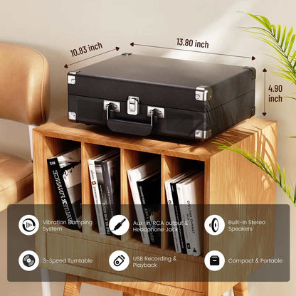 Vintage Gramophone Turntable in black suitcase design with 3-speed record player, built-in stereo speakers, USB recording, and multiple audio connections.