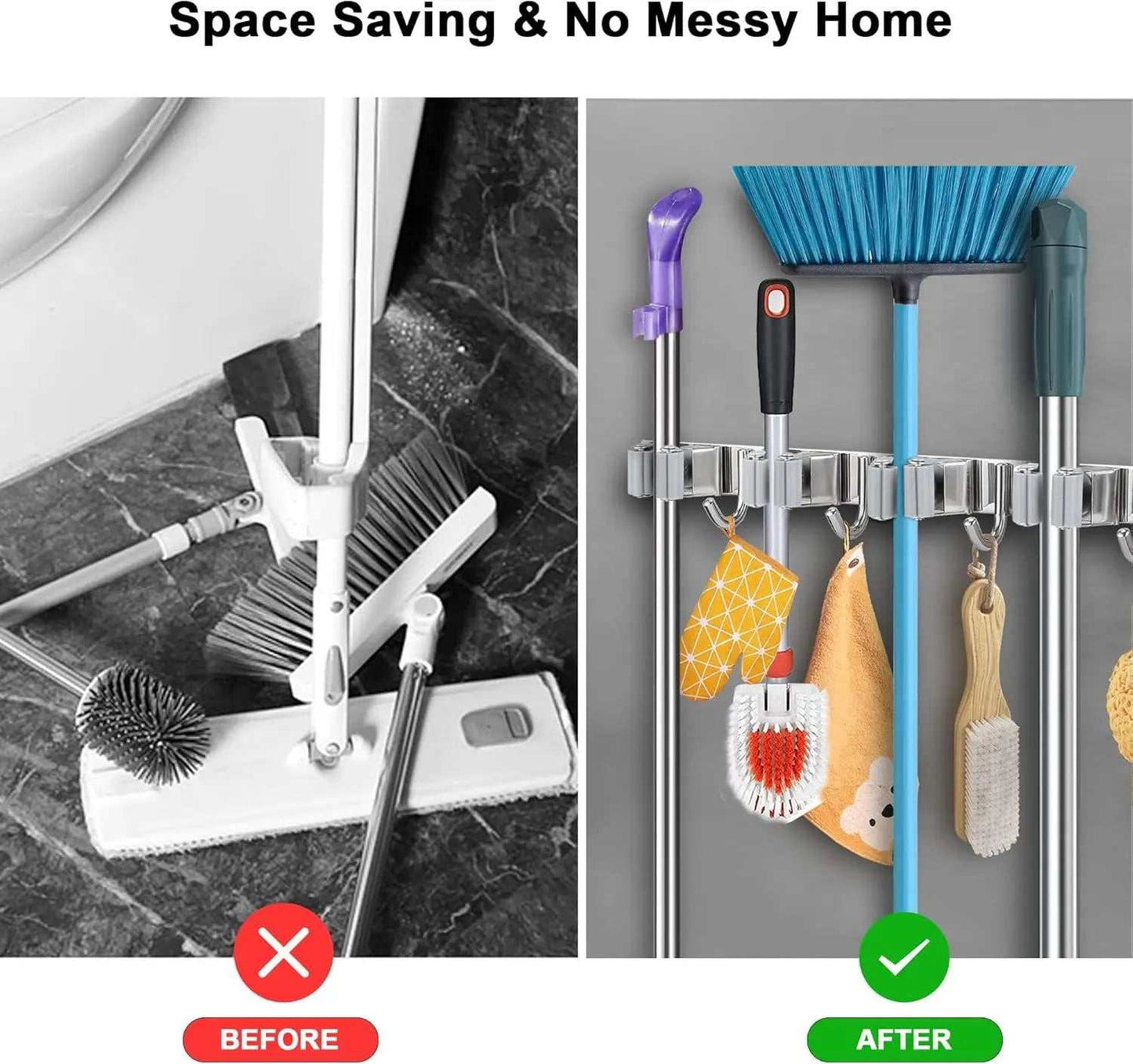 Comparison of messy floor with cleaning tools and organized cleaning tools on stainless steel broom holder wall mount with 5 racks and 4 hooks