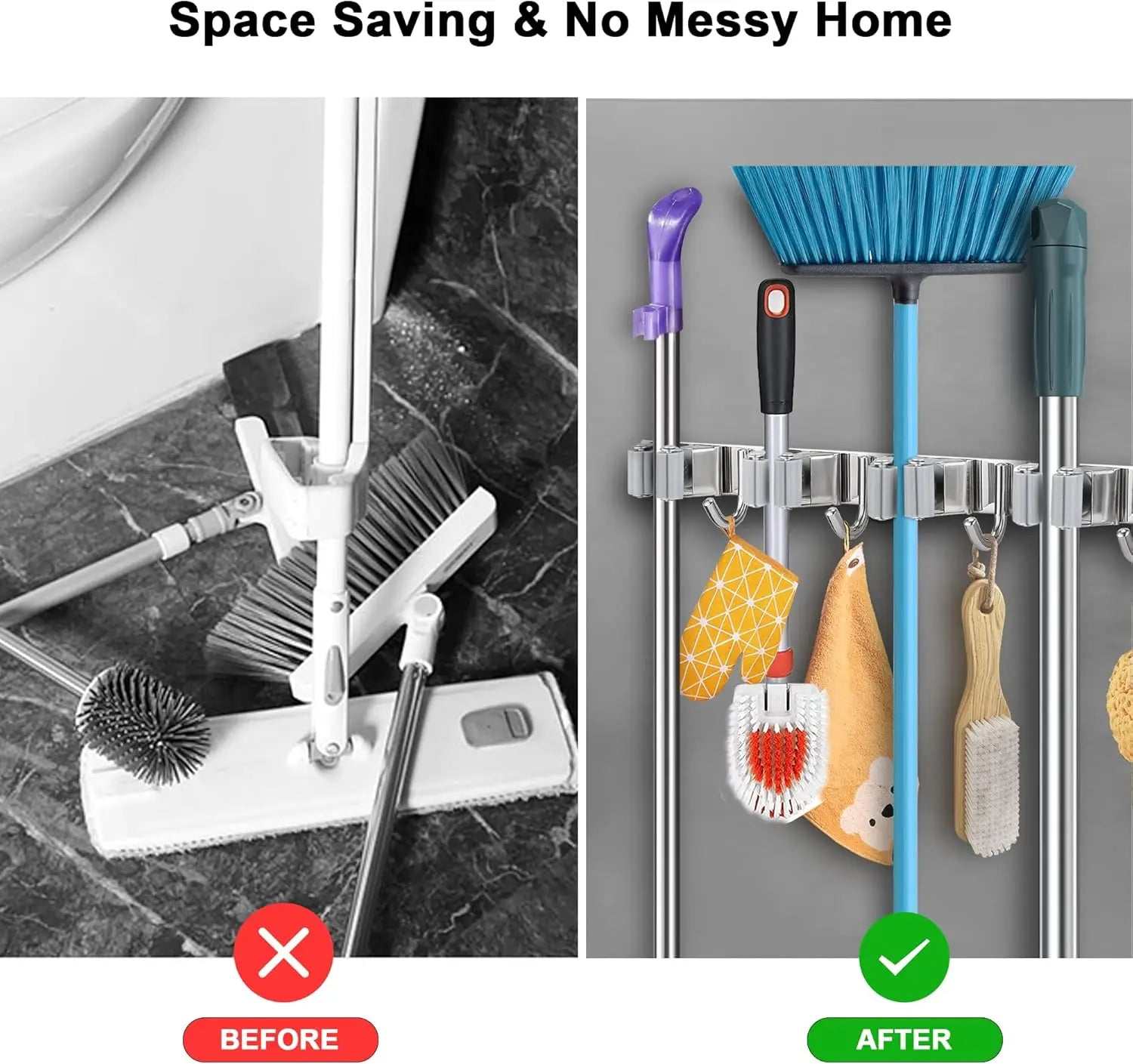 Comparison of messy floor with cleaning tools and organized cleaning tools on stainless steel broom holder wall mount with 5 racks and 4 hooks