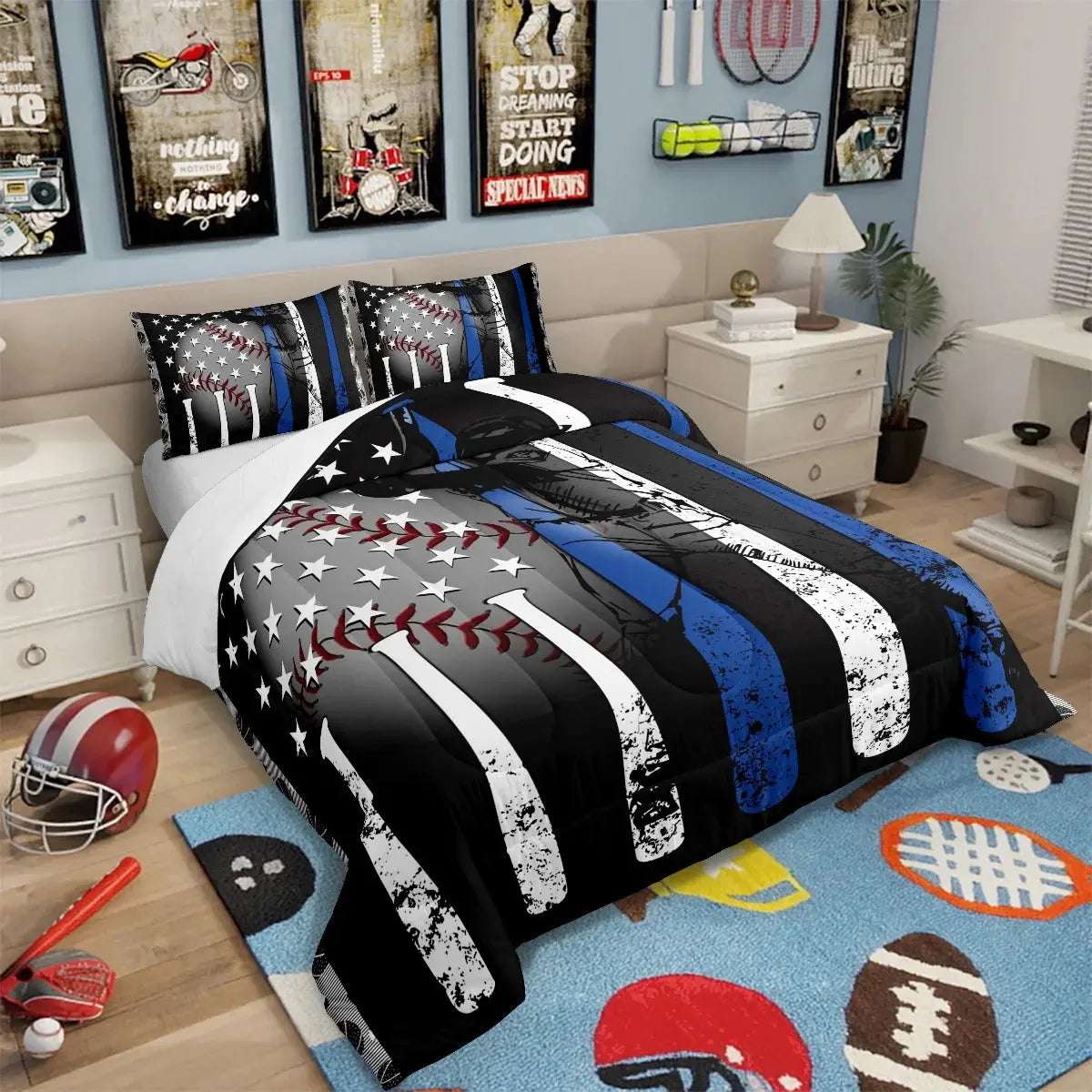Baseball Bedding Set Twin,Grunge Style Baseball Bat Basketball Softball Comforter Set Bedroom Decor,American Flag Stars Quilted Duvet,Ball Sports Game down Comforter Warm,White Blue