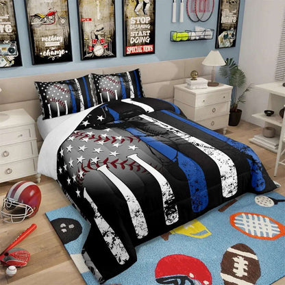 Baseball Bedding Set Twin,Grunge Style Baseball Bat Basketball Softball Comforter Set Bedroom Decor,American Flag Stars Quilted Duvet,Ball Sports Game down Comforter Warm,White Blue