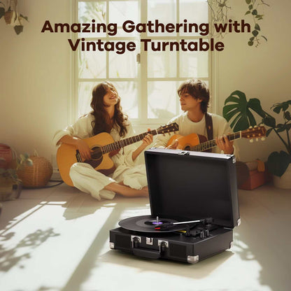 Portable vintage gramophone turntable with 3-speed record player and built-in speakers in a stylish suitcase design