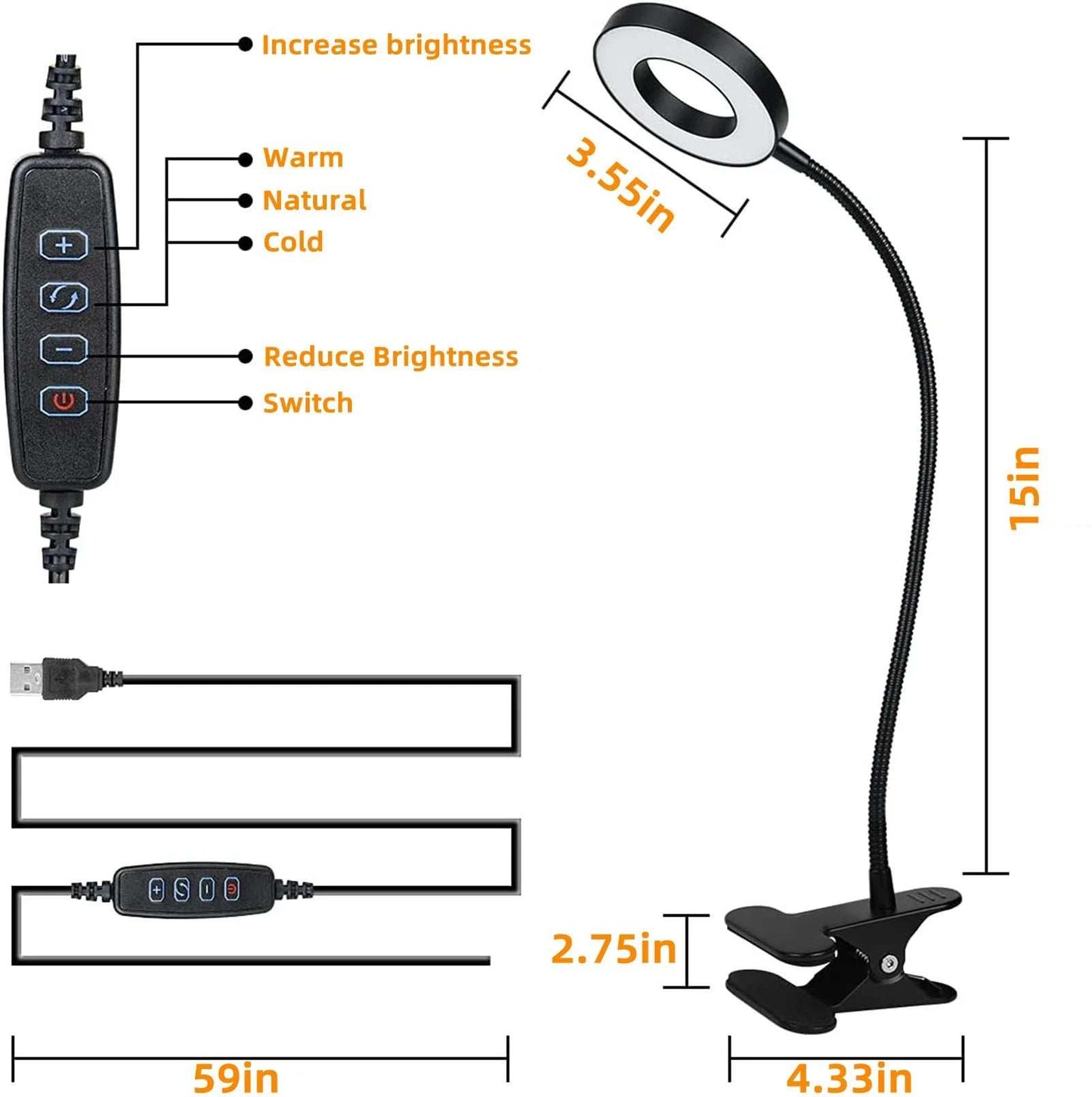 Clip on Light Reading Lights , 48 LED USB Desk Lamp with 3 Color Modes 10 Brightness, Flexible USB Clamp Bedside Lamp, Eye Caring Book Light for Studying/Working/Gaming (Black)
