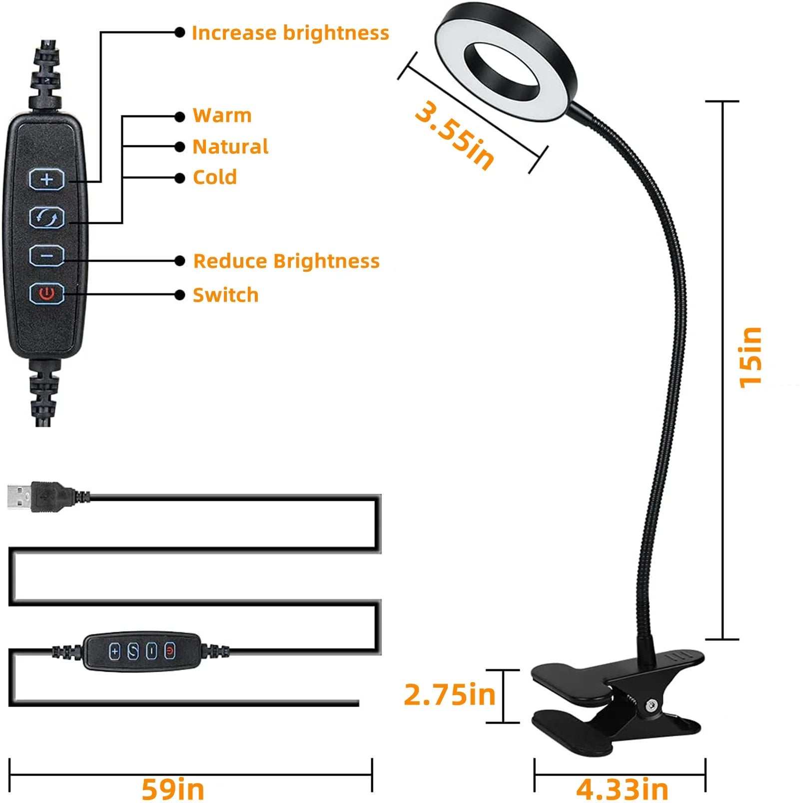 Clip on Light Reading Lights , 48 LED USB Desk Lamp with 3 Color Modes 10 Brightness, Flexible USB Clamp Bedside Lamp, Eye Caring Book Light for Studying/Working/Gaming (Black)