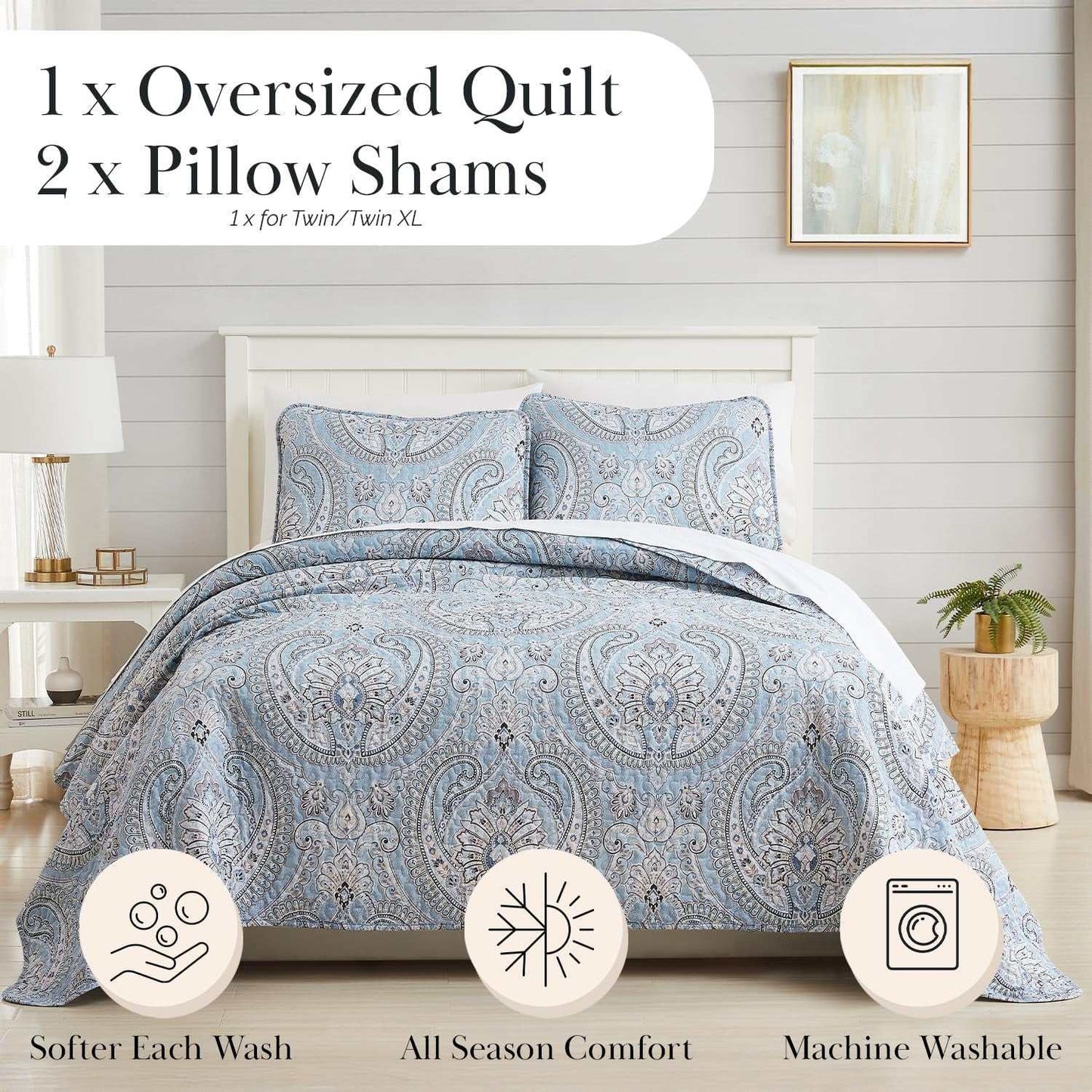 Twin XL Comforter Quilt Set, Dorm Bedding Essentials, Stain Resistant, Machine Washable Paisley Boho Bed Spread, Twin XL Quilt Bedspread Set W/Pillow Sham, Paisley Aqua
