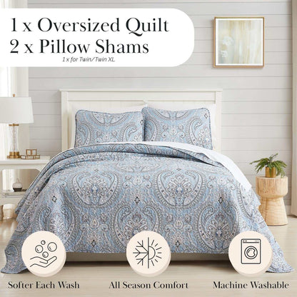 Twin XL Comforter Quilt Set, Dorm Bedding Essentials, Stain Resistant, Machine Washable Paisley Boho Bed Spread, Twin XL Quilt Bedspread Set W/Pillow Sham, Paisley Aqua