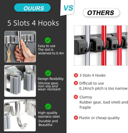Stainless steel broom holder wall mount with 5 slots and 4 hooks, durable and easy-to-use mop and broom organizer.