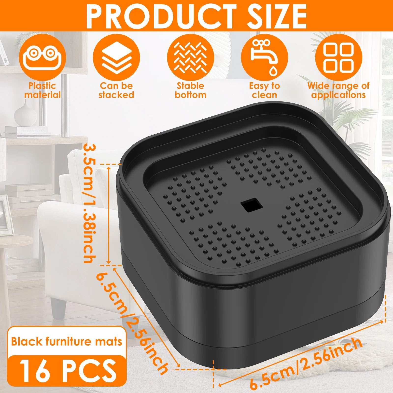Black plastic furniture riser with non-slip stable bottom, 6.5x6.5x3.5cm, set of 16 pieces.