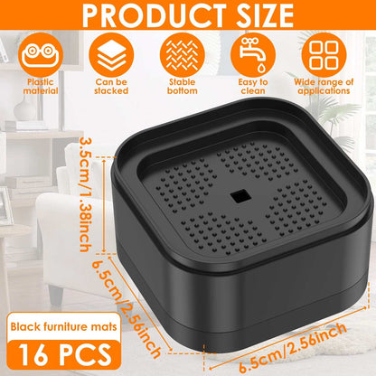 Black plastic furniture riser with non-slip stable bottom, 6.5x6.5x3.5cm, set of 16 pieces.