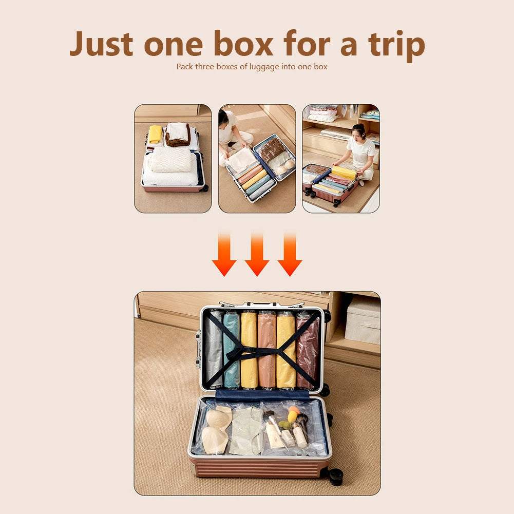 Vacuum compression storage bags organizing clothes and bedding inside a packed suitcase for space-saving travel.