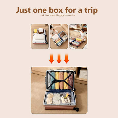 Vacuum compression storage bags organizing clothes and bedding inside a packed suitcase for space-saving travel.